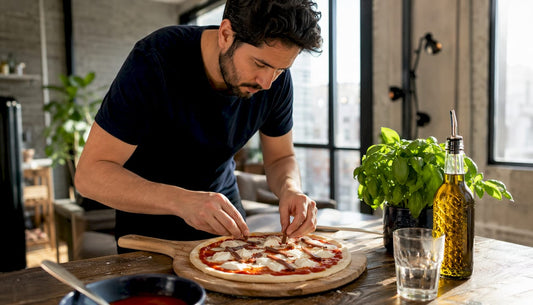 Home cook adding anchovies on pizza