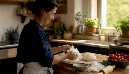 Woman unwrapping fresh mozzarella in home kitchen