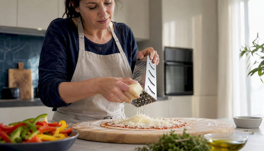 Home cook shredding mozzarella cheese for pizza