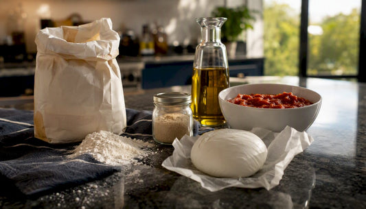 Flat lay of core pizza kit ingredients