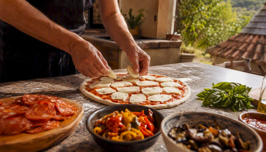 Hands assembling pizza toppings in layer order
