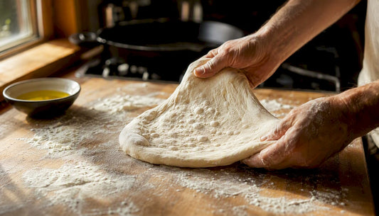 Hands stretching fresh pizza dough