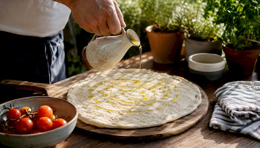 Hand drizzling olive oil on pizza dough
