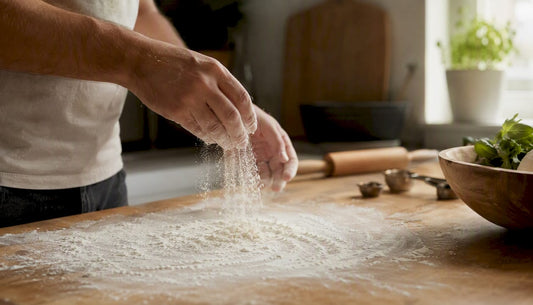 Hands sprinkling fine 00 flour on wooden board
