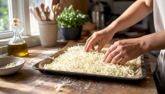 Hands spreading shredded mozzarella on tray for freezing
