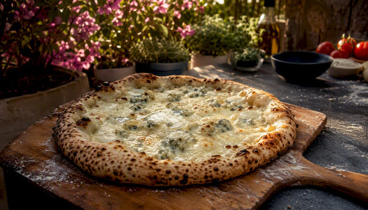 Neapolitan style gorgonzola pizza on wooden peel