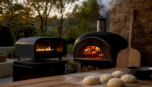 Gas and wood pizza ovens heating side by side outdoors