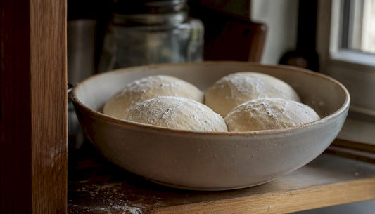 Pizza dough balls fermenting in fridge container