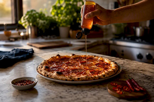 Drizzling hot honey on pepperoni pizza