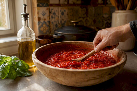 Hand stirring Neapolitan tomato pizza sauce