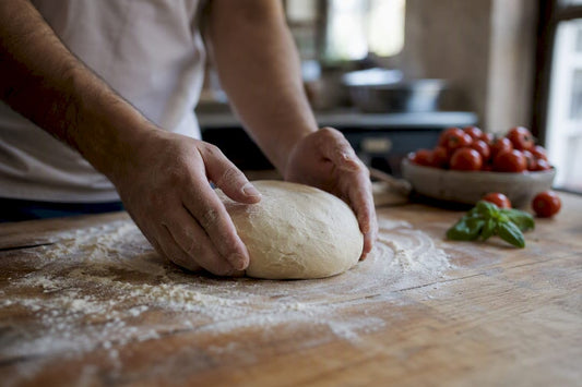 Hands holding Neapolitan pizza dough ball