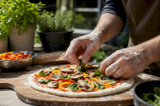 Hands placing vegetarian pizza toppings on dough
