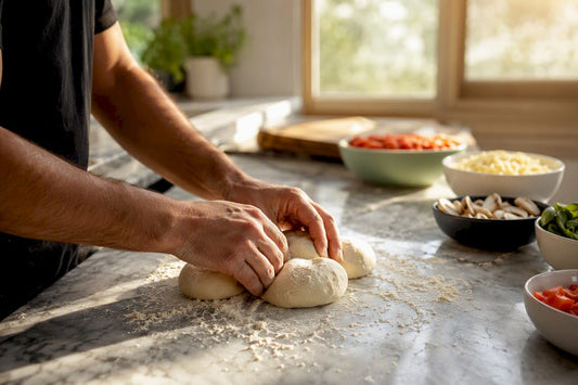 Hands arranging pizza dough balls on wooden board