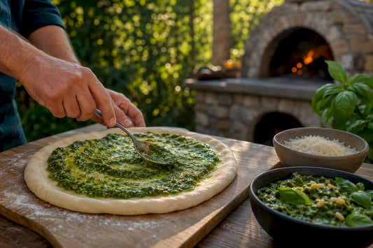 Hands spreading pesto on pizza dough