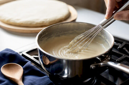 Whisking roux béchamel for white pizza sauce