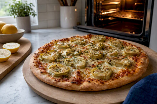 Artichoke pizza with evenly spaced slices