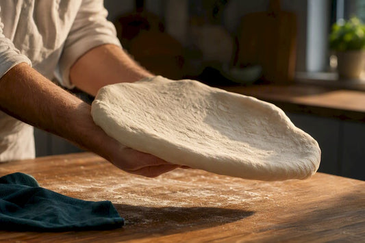 Hands stretching pizza dough over knuckles