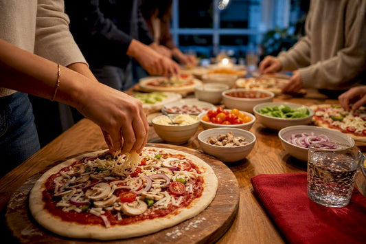Guests assembling pizzas around a party table