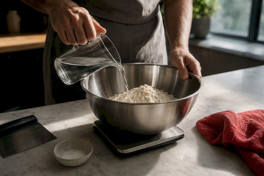 Flour and water weighed for pizza dough