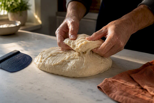 Hands folding sticky pizza dough