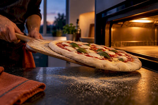 Pizza dough on semolina-dusted peel