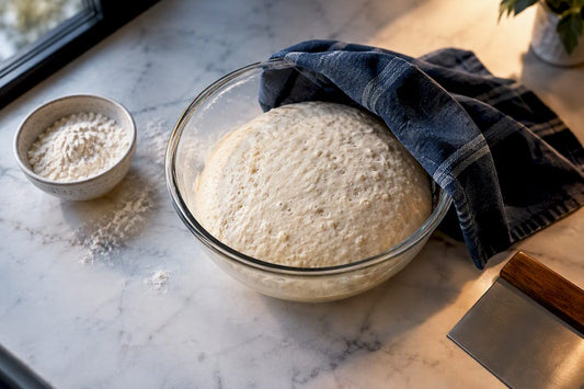 Fermented pizza dough showing bubbles