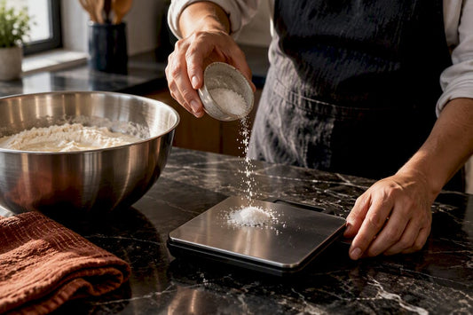 Measured salt beside Neapolitan dough ingredients