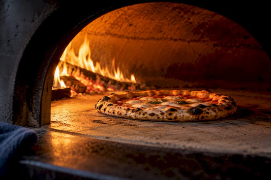 Neapolitan pizza baking inside hot stone oven