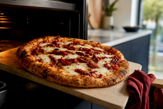 Crisp sun-dried tomato pizza on hot stone