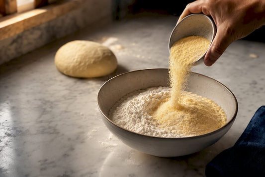Semolina being blended with white pizza flour