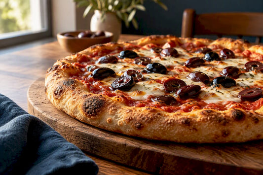 Crisp olive pizza with browned crust