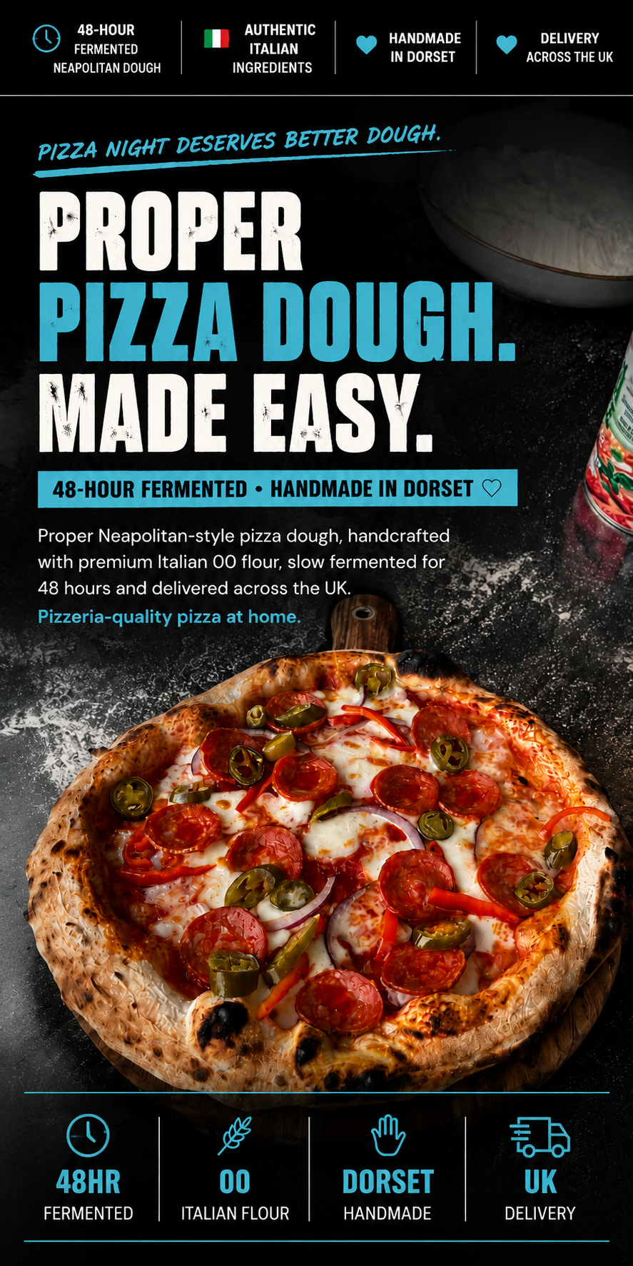 48-hour fermented Neapolitan pizza dough with pepperoni and jalapeño pizza, handmade in Dorset by Dough Dorks.