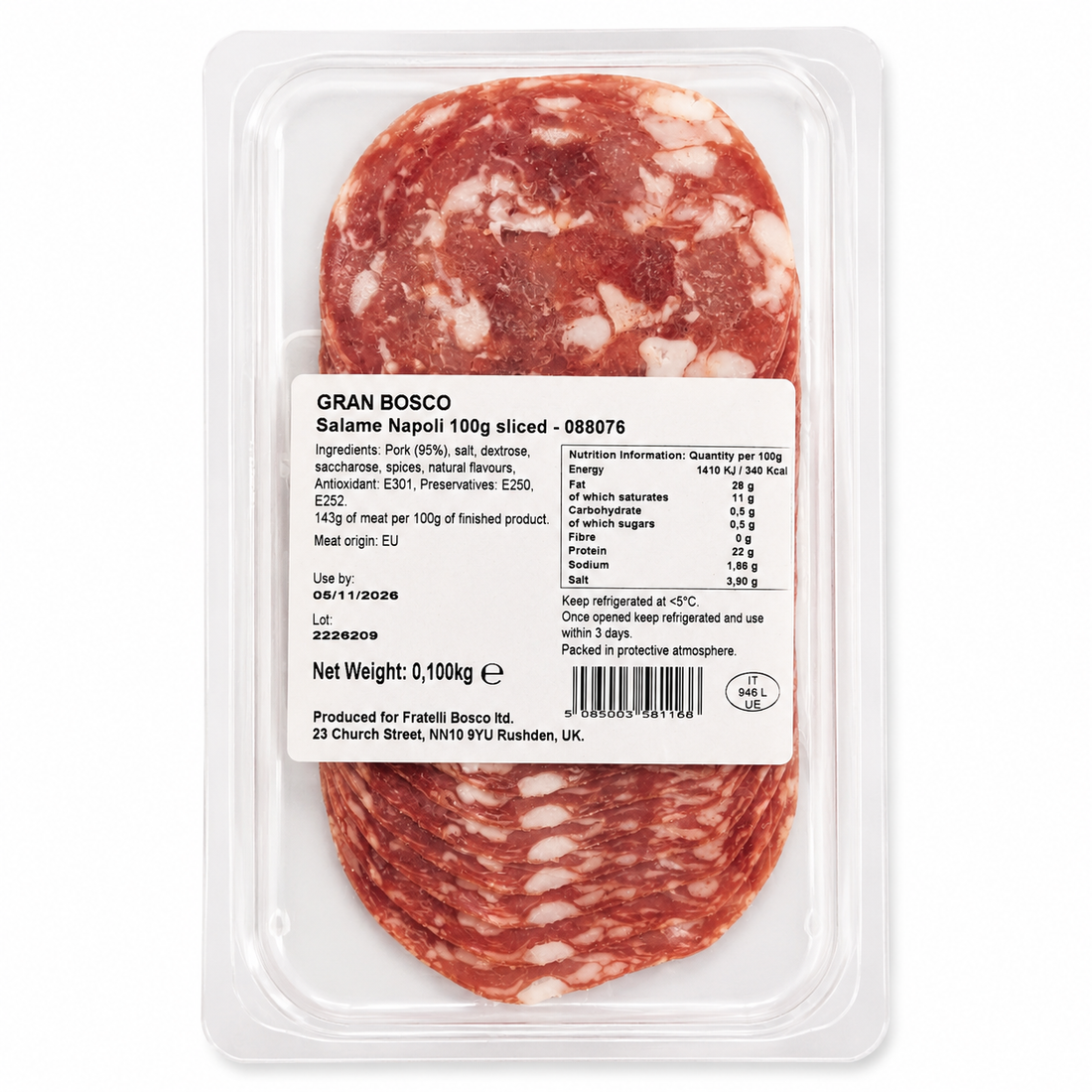 Gran Bosco Salame Napoli 100g sliced salami in a clear plastic clamshell package with a white product information label, photographed on a white background. - product image 2