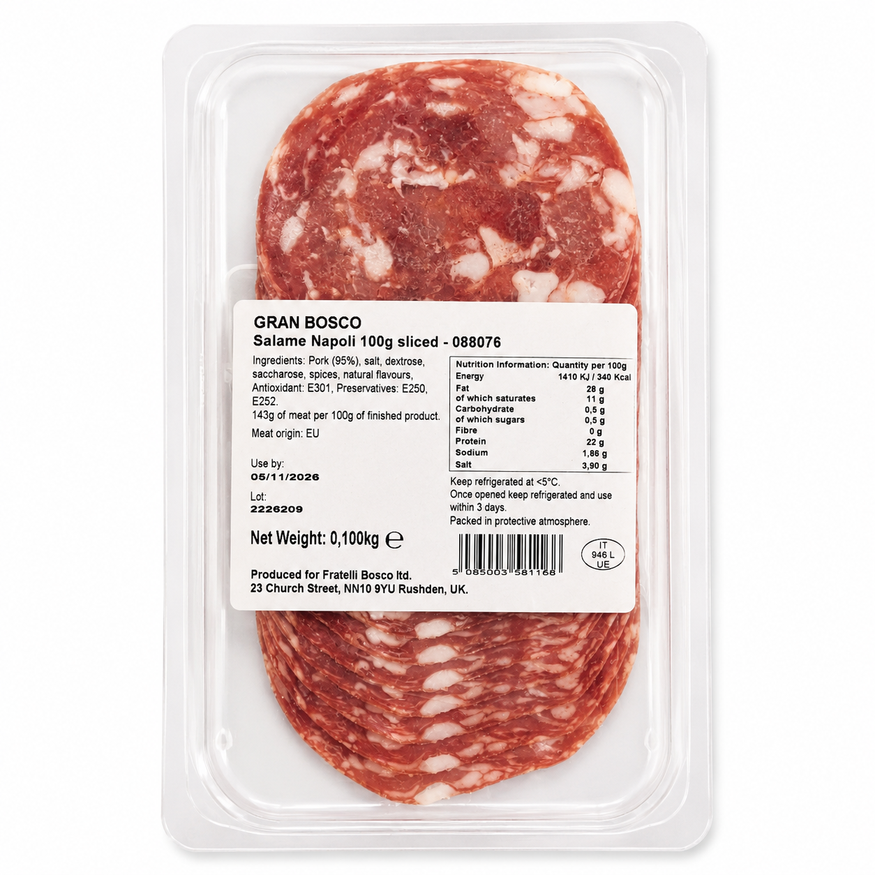 Gran Bosco Salame Napoli 100g sliced salami in a clear plastic clamshell package with a white product information label, photographed on a white background. - product image 2