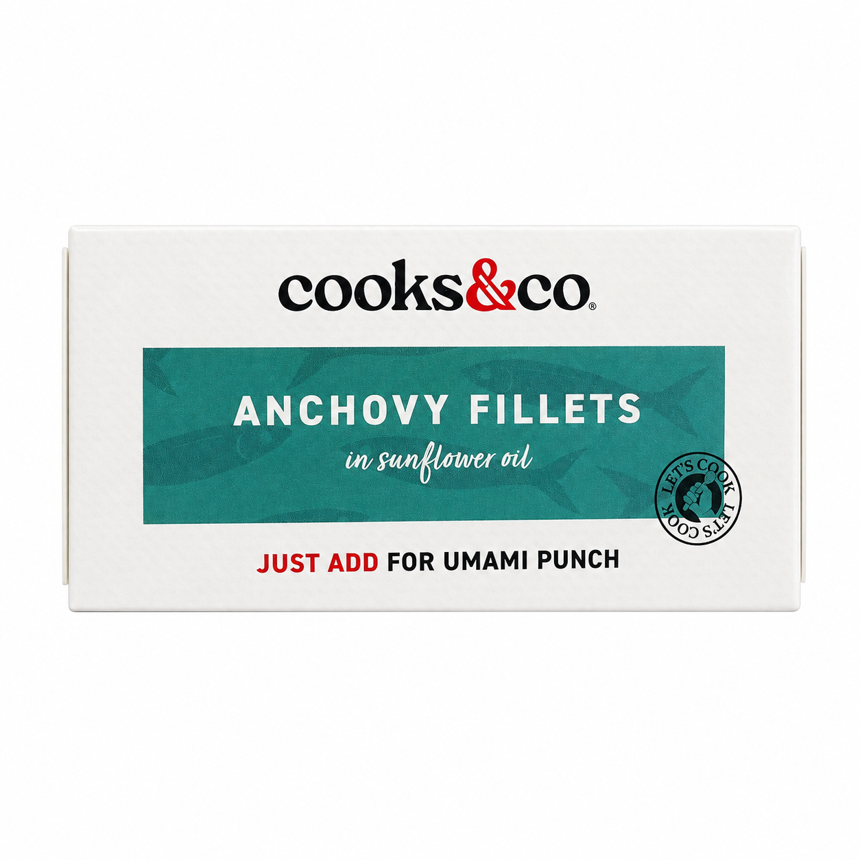 A white rectangular box of cooks&co. Anchovy Fillets in sunflower oil, featuring a teal-green central label with white text and red accents, on a plain white background. - product image 2