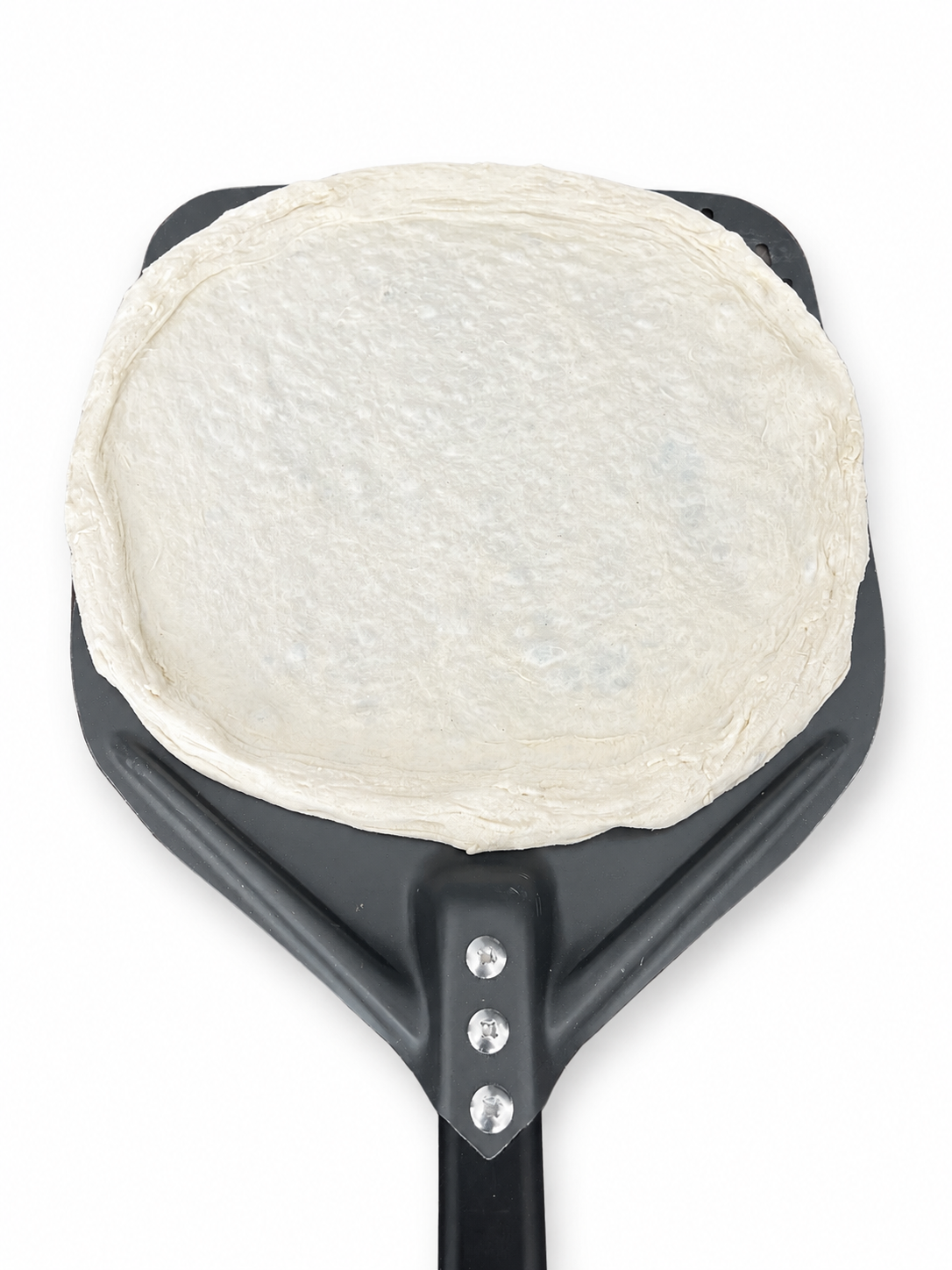 Dough Dorks, Hand-stretched Neapolitan pizza dough base on a black pizza peel, ready for toppings. - product image 5