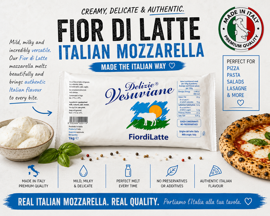 A package of Fiordilatte Fior di Latte Italian Mozzarella cheese shown on a white promotional background with Italian text, a bowl of cheese, peppercorns, basil, and a pizza on the right.