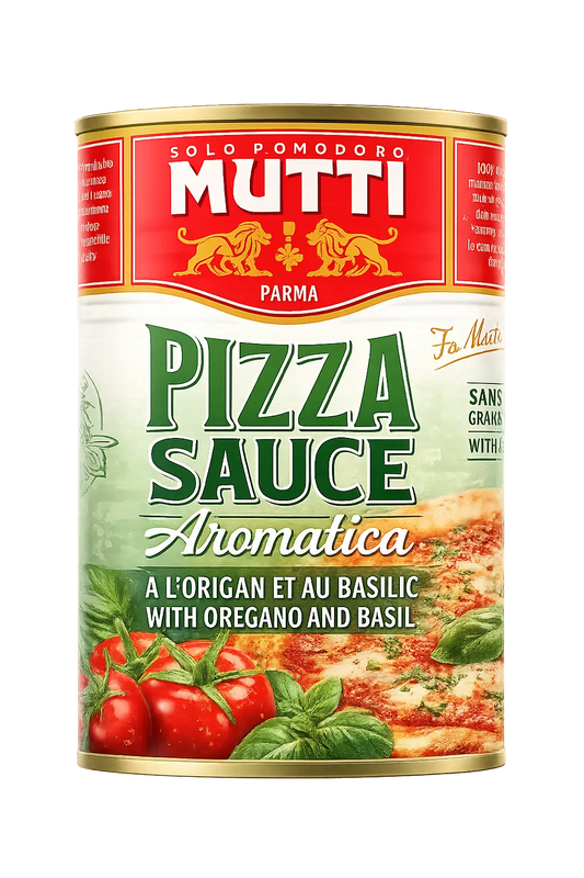 A can of Mutti Pizza Sauce Aromatica is centered on a styled promotional background with tomatoes, basil, a bowl of sauce, and Italian text. The can label is red, white, and green, and the overall composition is designed to market the product rather than show a plain studio packshot.
