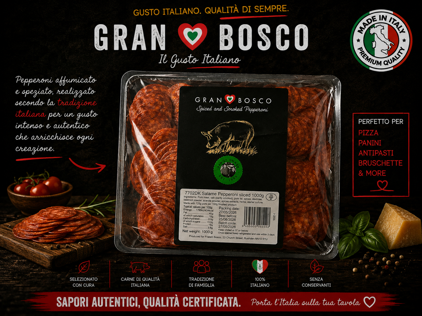 Gran Bosco, Smoked Sliced Pepperoni – 1kg