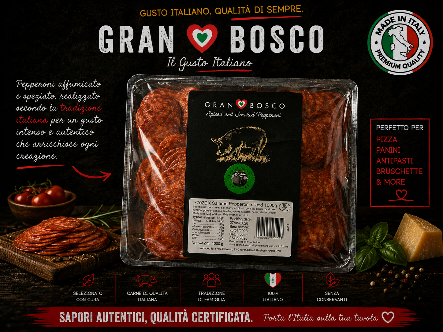 Gran Bosco, Smoked Sliced Pepperoni – 1kg