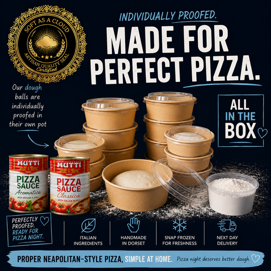 All In The Box Neapolitan pizza dough kit with Dough Dorks dough balls, pizza sauce and semolina