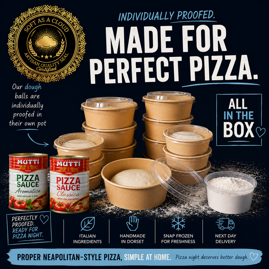 A promotional product graphic for Mutti frozen pizza dough balls, showing multiple round paper bags with lids, bowls of dough, a small bowl of flour, two cans of Mutti pizza sauce and aroma, and large marketing text on a dark background.