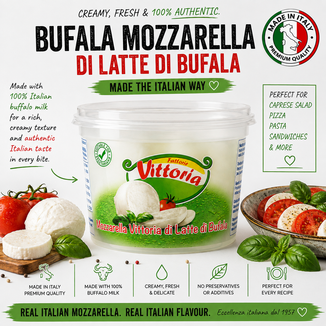 A tub of Vittoria Bufala Mozzarella di latte di bufala Italian buffalo milk mozzarella, shown on a white background with Italian food ingredients like tomatoes, basil, and a bowl of sliced mozzarella and tomato.