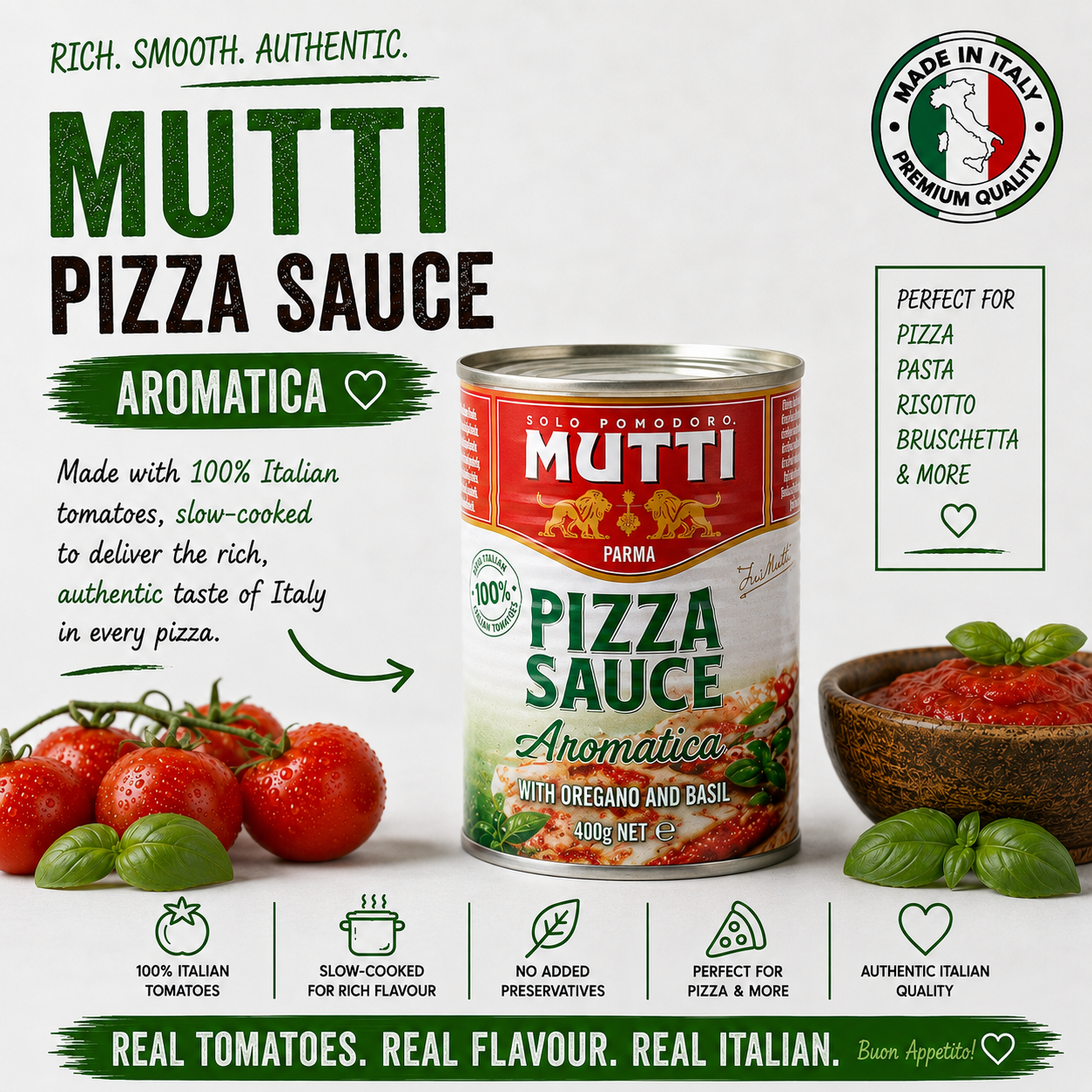 A can of Mutti Pizza Sauce Aromatica is centered on a styled promotional background with tomatoes, basil, a bowl of sauce, and Italian text. The can label is red, white, and green, and the overall composition is designed to market the product rather than show a plain studio packshot.