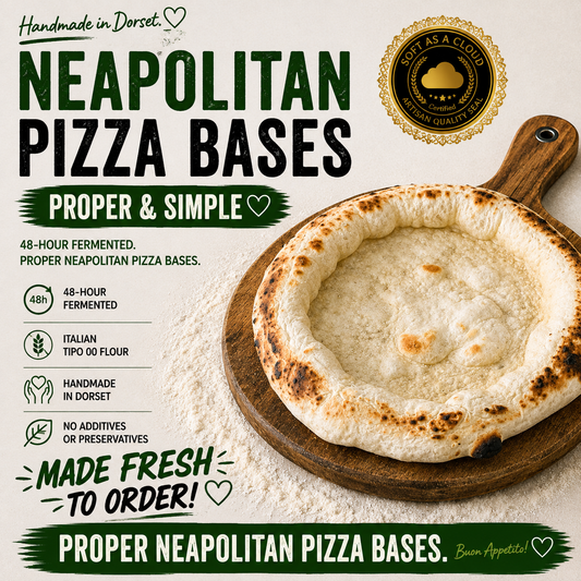 A baked Neapolitan pizza base on a wooden paddle board, The image highlights 48-hour fermentation, Italian Tipo 00 flour, and handmade in Dorset production details.