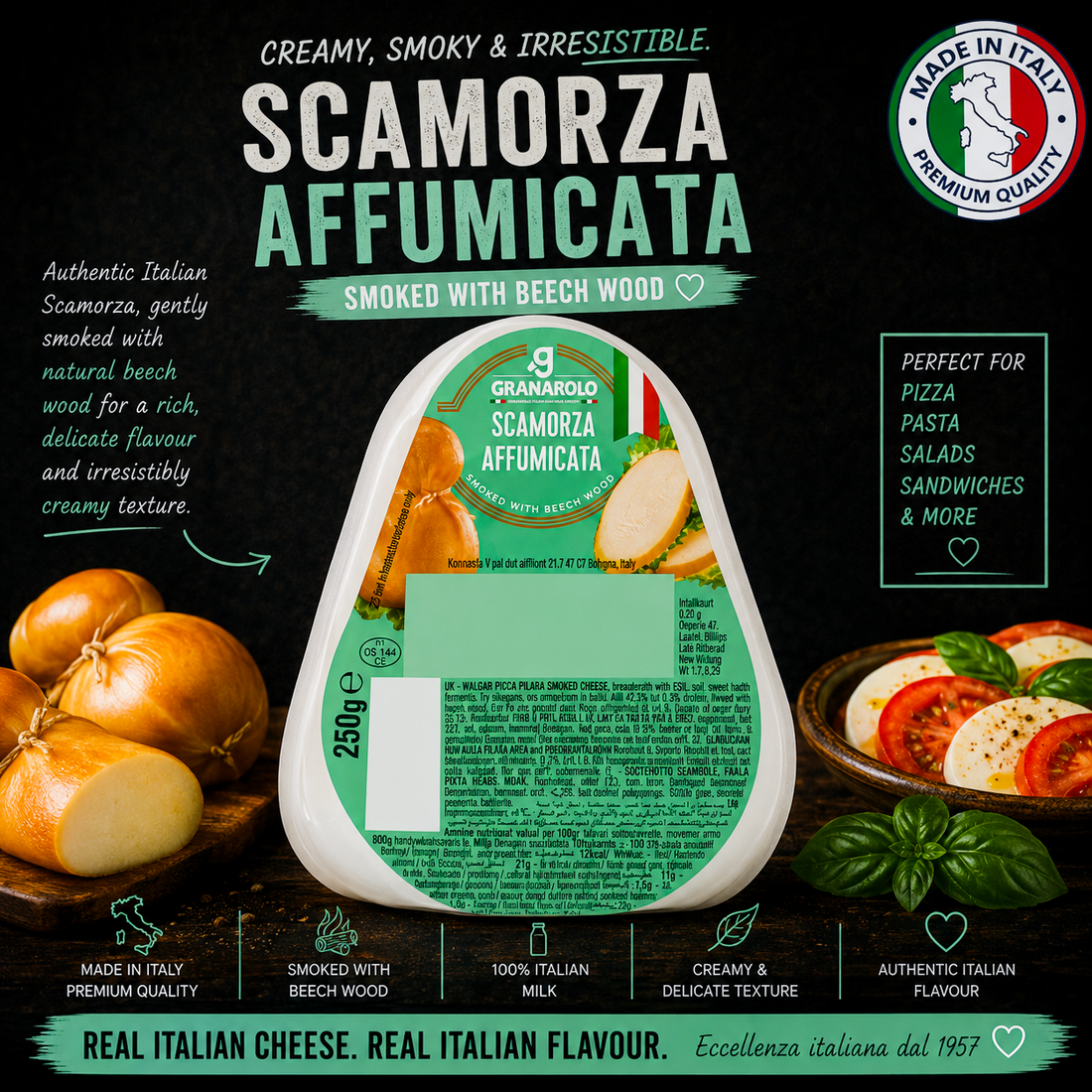 Granaro Scamorza Affumicata cheese spread package on a dark promotional background with Italian bread, tomatoes, basil, and marketing text. The product is a white plastic tub with a green label and a clear top lid showing the spread inside.