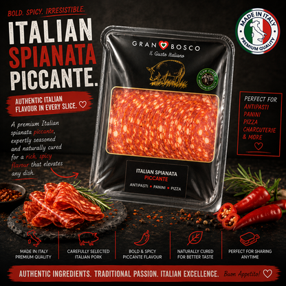 Gran Bosco Italian Spianata Piccante packaged in a clear plastic tray with a black label, shown on a dark textured background with sliced cured meat, chili peppers, and Italian promotional text.