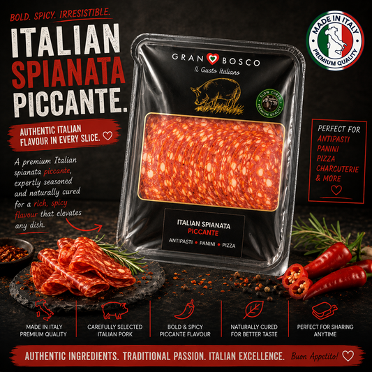 Gran Bosco Italian Spianata Piccante packaged in a clear plastic tray with a black label, shown on a dark textured background with sliced cured meat, chili peppers, and Italian promotional text.