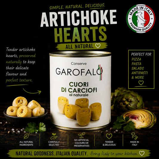 A can of Garofalo Artichoke Hearts on a dark rustic background with Italian text, showing the product packaging and several sliced artichoke hearts on a plate. The can is white with green and red accents, and the image includes a 'Made in Italy' badge and product benefits callouts.