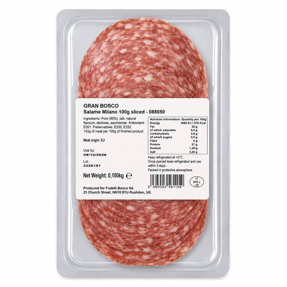 Gran Bosco Salame Milano 100g sliced salami in a clear plastic vacuum-sealed package with a white product information label on a white background. - product image 2